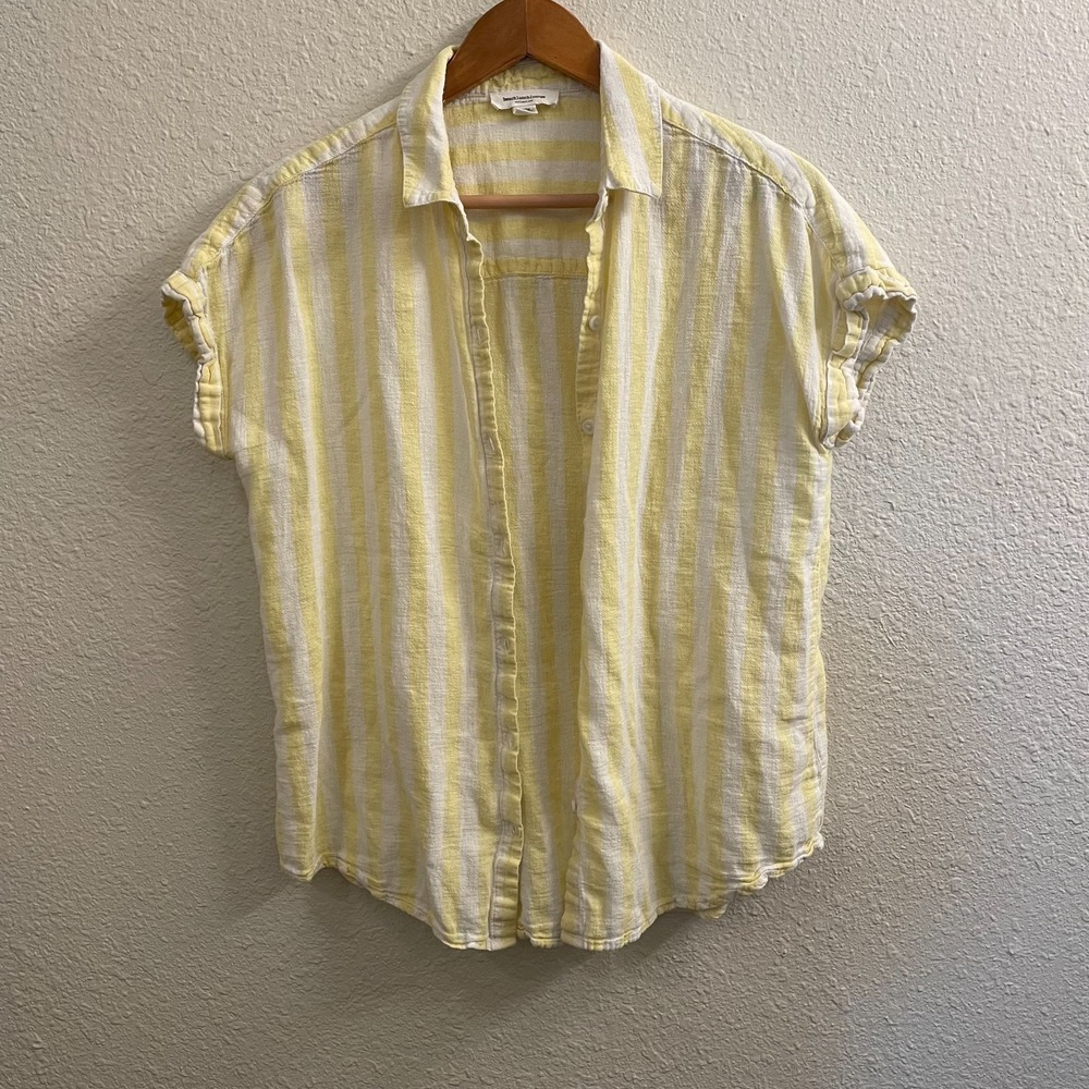 Yellow Stripe Button Front Linen Blend Top Rolled Sleeve Coastal Casual Resort M - Picture 11 of 11